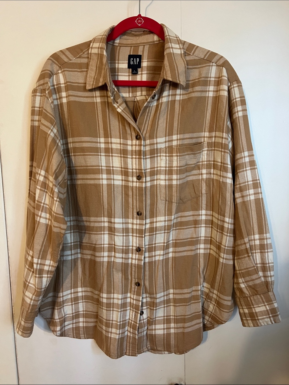 GAP Tan and White Plaid Button-Down Shirt